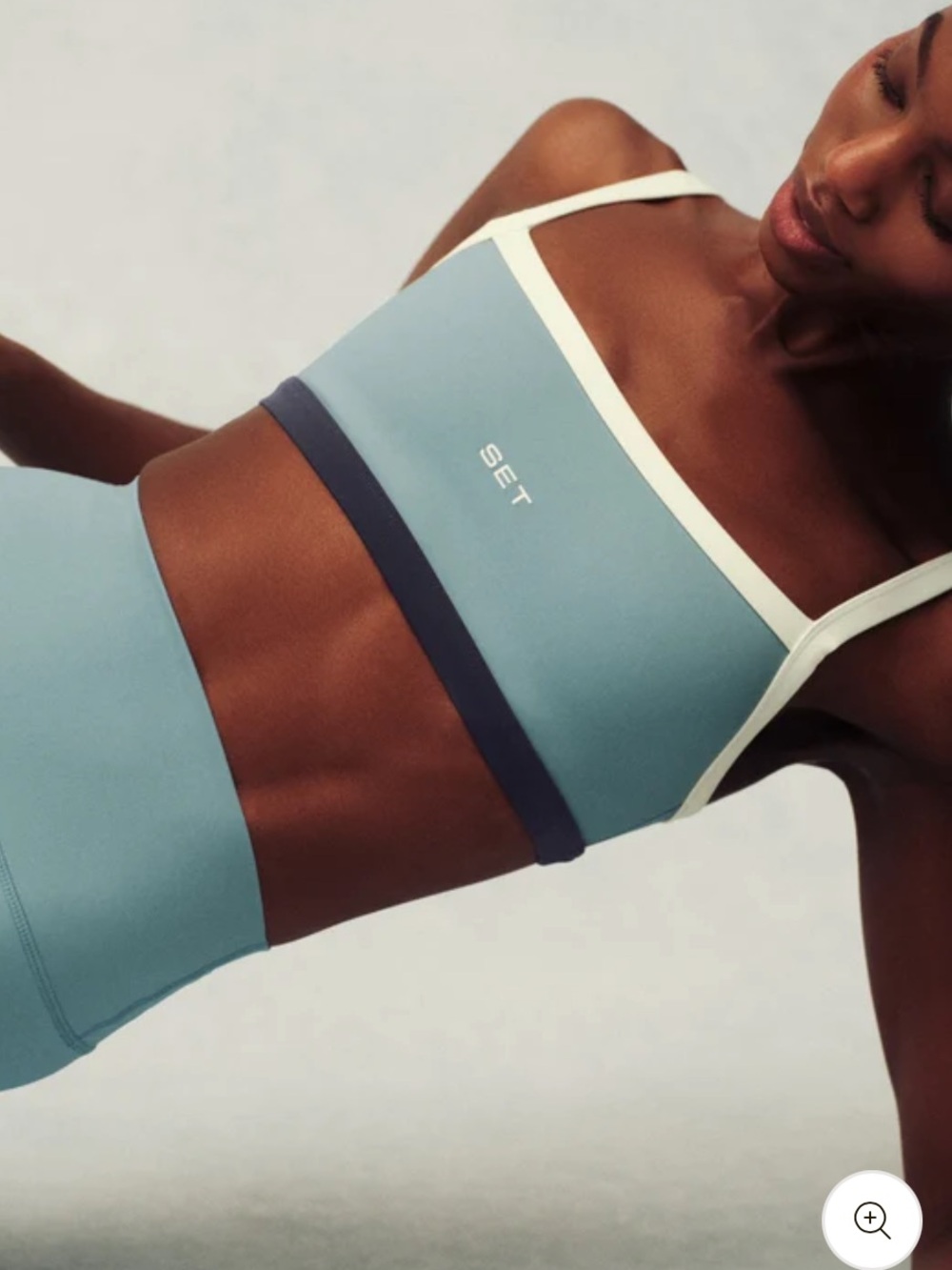 SET Active Light Blue Sports Bra and Leggings set with Navy and Cream Trim
